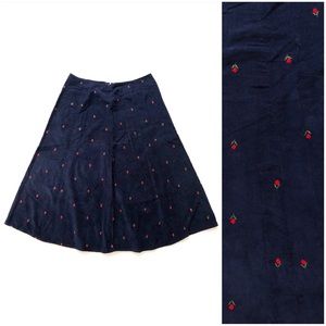 Vintage High Waist Corduroy Embroidered Rose Skirt